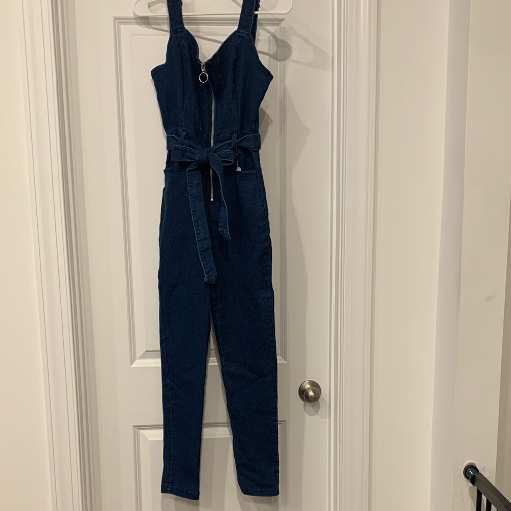 iris Dark Navy Denim Zip-Front Cropped Jumpsuit
